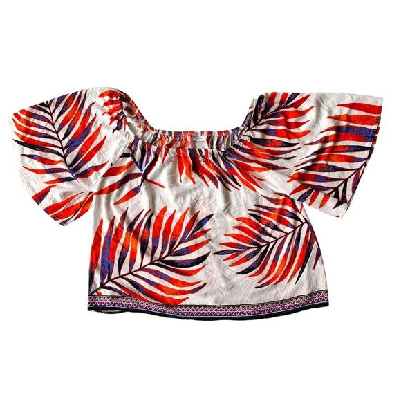 Lascada On Off Shoulder Top Size 12 14  White Festive Leaves Boho Hippie… - Picture 2 of 12